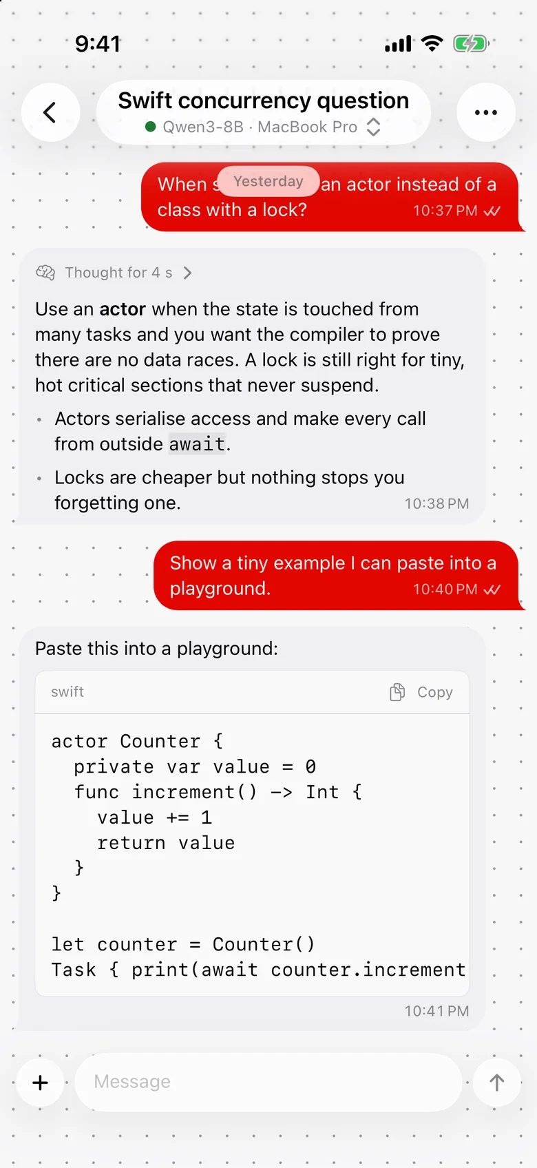 A chat in ZMatrix AI Companion with a code reply