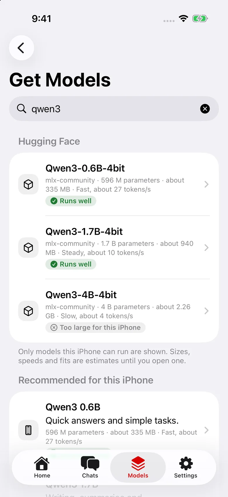Get Models searching Hugging Face for models that run well on this iPhone