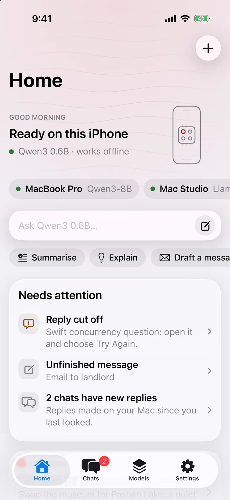 ZMatrix AI Companion home on iPhone: a model ready on this iPhone that works offline