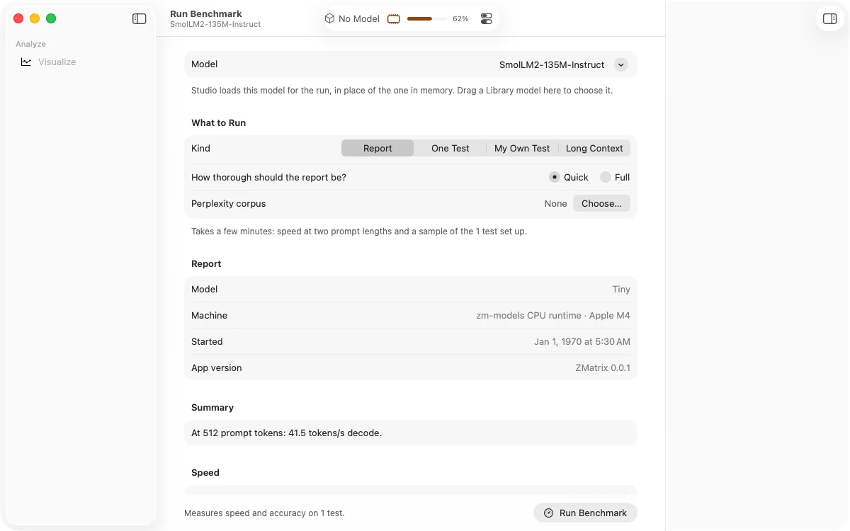 A benchmark report with prompt and generation speed