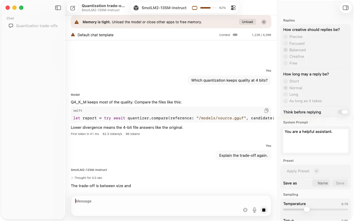A chat streaming from SmolLM2 with the sampling inspector, context meter and tokens per second