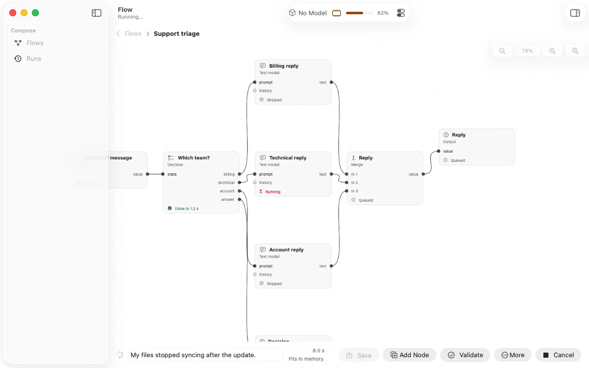 A branching Compose flow: the Which team? decision node routes to billing, technical or account replies