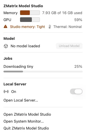 The menu bar extra with memory, GPU, the loaded model, jobs and the local server