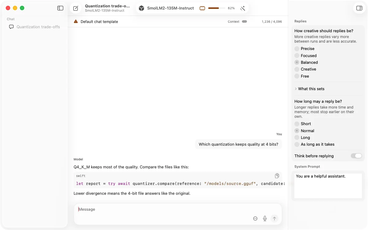 Chat settings in Hobbyist mode: plain questions such as how creative replies should be