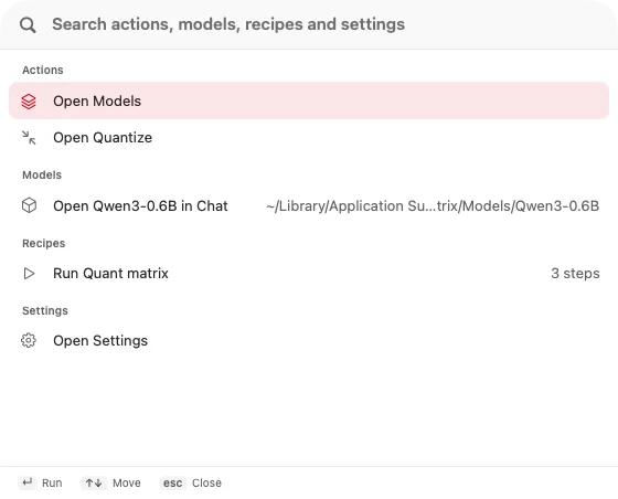 The command palette searching actions, models, recipes and settings