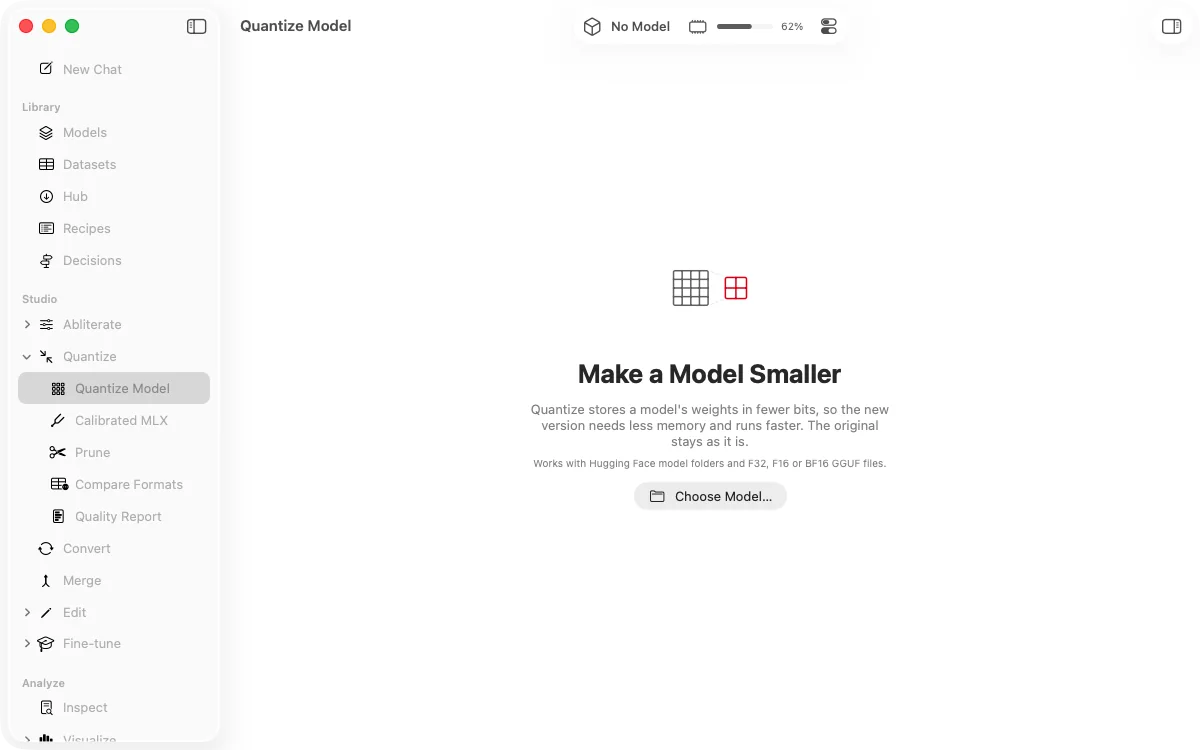 The Quantize workspace with the full sidebar of Library, Studio, Analyze and Compose tools