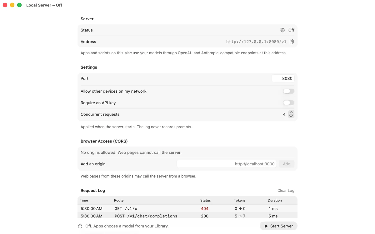 The local server with OpenAI- and Anthropic-compatible endpoints and a request log
