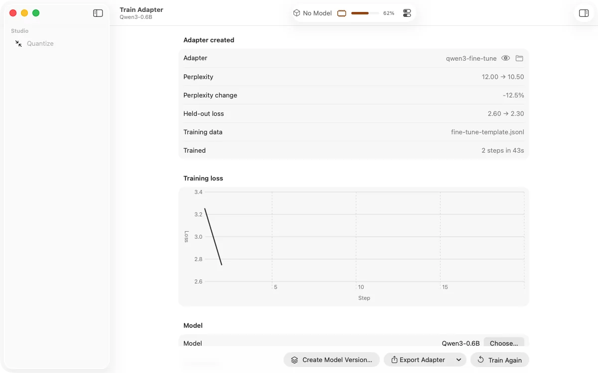 A finished fine-tune with its training-loss chart and perplexity change